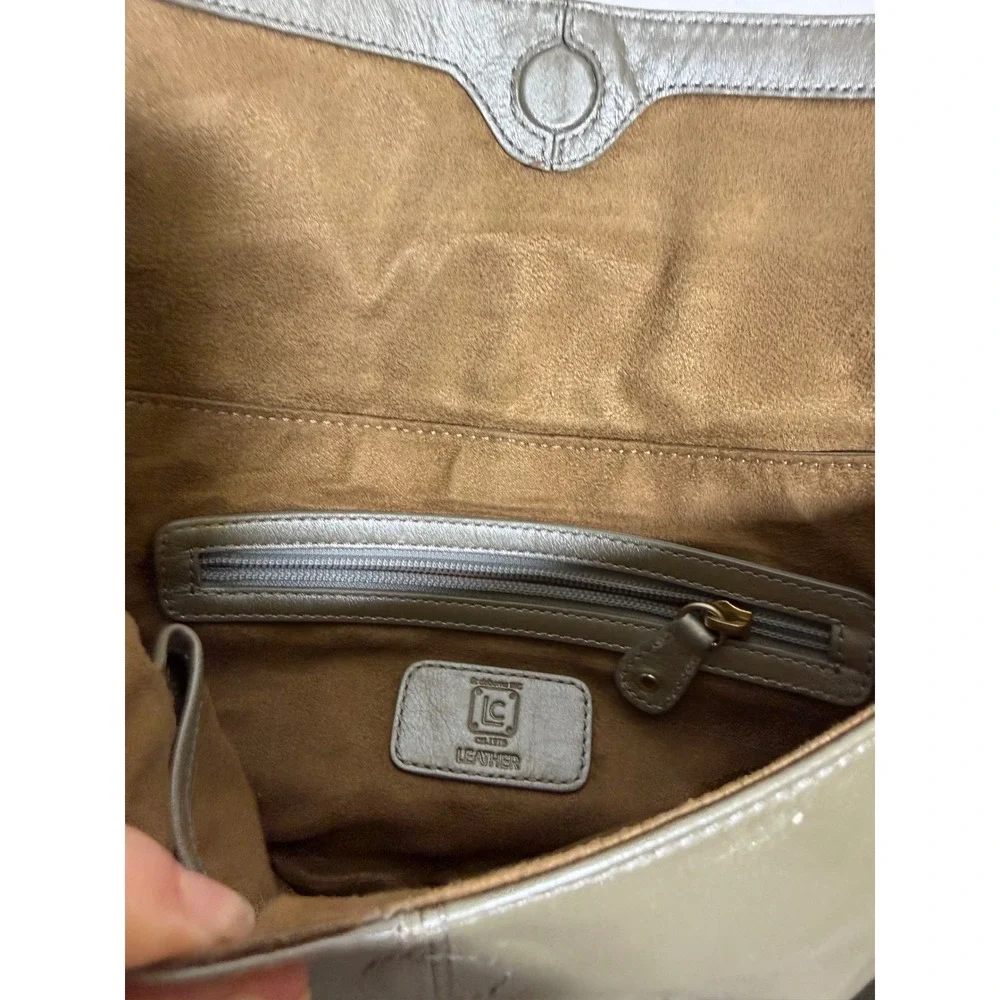 Liz Claiborne Metallic Olive Green Genuine‎ Leather Shoulder Bag Flap Handbag